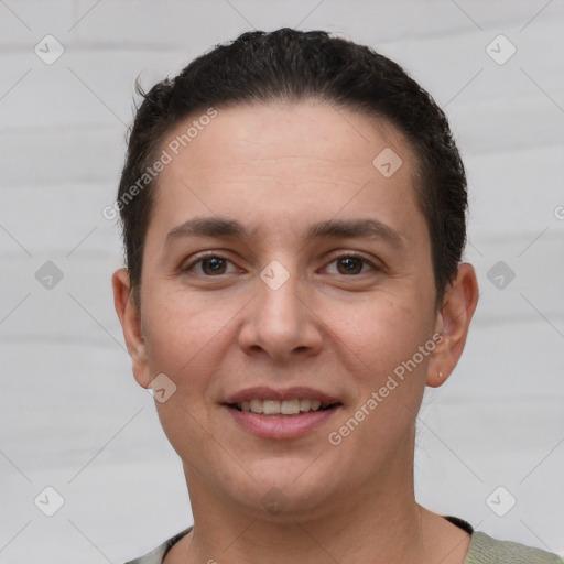 Joyful white young-adult female with short  brown hair and brown eyes