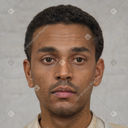 Neutral latino young-adult male with short  brown hair and brown eyes