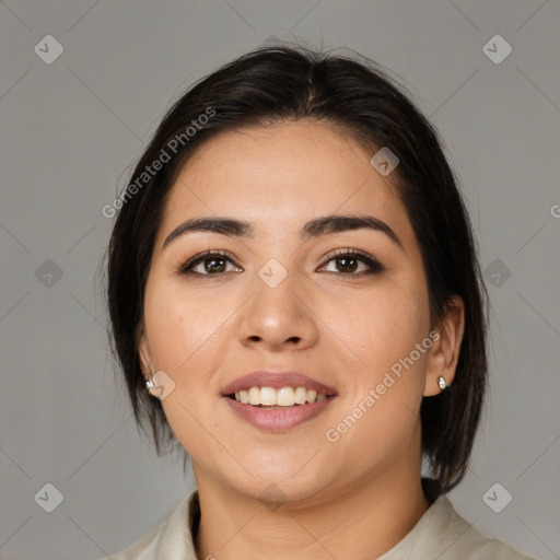 Joyful asian young-adult female with medium  brown hair and brown eyes