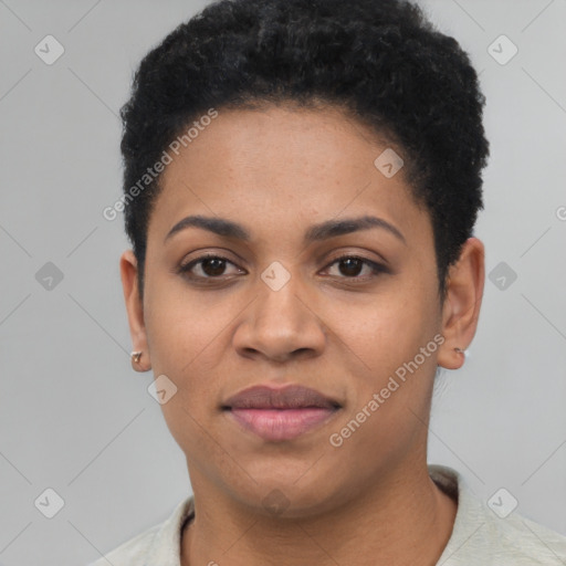 Joyful latino young-adult female with short  black hair and brown eyes