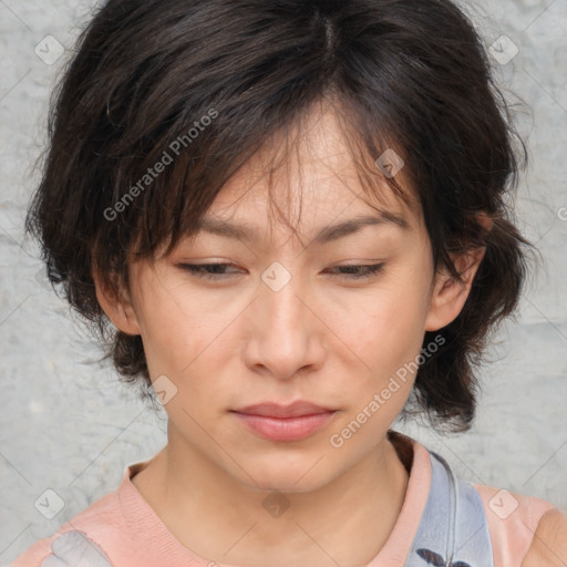 Neutral asian young-adult female with medium  brown hair and brown eyes