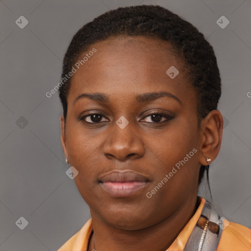 Neutral black young-adult female with short  brown hair and brown eyes