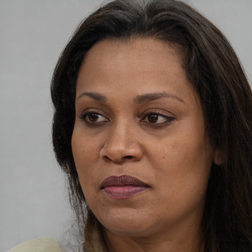 Joyful black adult female with long  brown hair and brown eyes