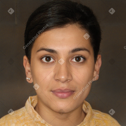 Joyful white young-adult female with short  brown hair and brown eyes