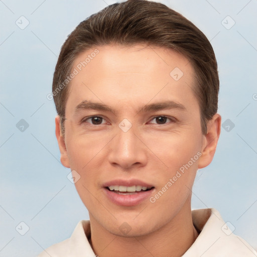 Joyful white young-adult male with short  brown hair and brown eyes