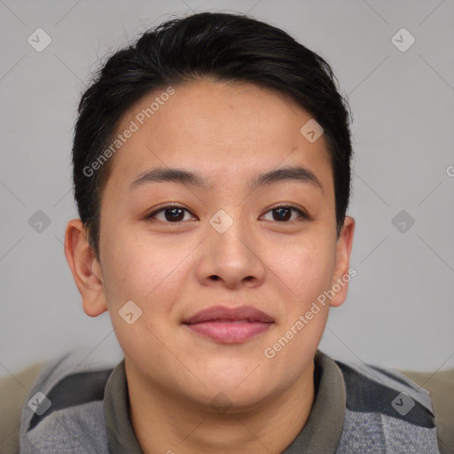 Joyful asian young-adult female with short  brown hair and brown eyes