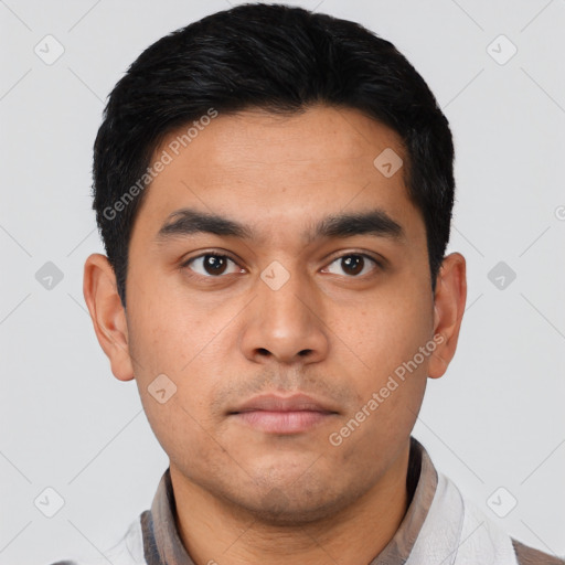 Neutral asian young-adult male with short  black hair and brown eyes