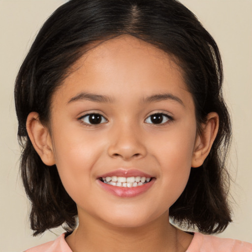 Joyful white child female with medium  brown hair and brown eyes