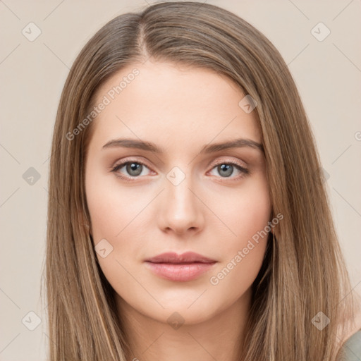 Neutral white young-adult female with long  brown hair and brown eyes