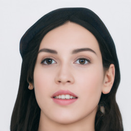 Neutral asian young-adult female with long  black hair and brown eyes