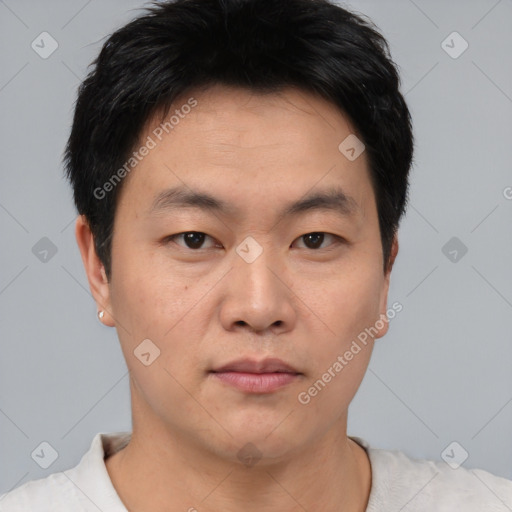Neutral asian young-adult male with short  black hair and brown eyes