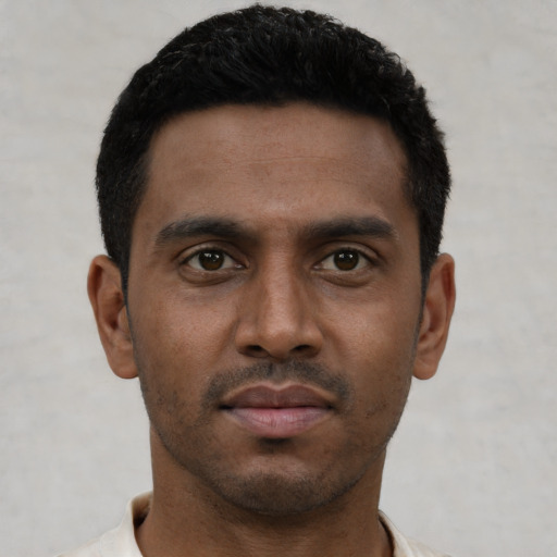 Neutral latino young-adult male with short  black hair and brown eyes