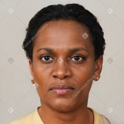 Neutral black young-adult female with short  black hair and brown eyes