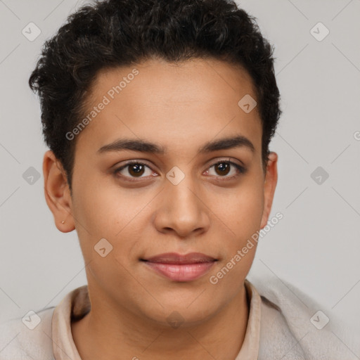 Joyful latino young-adult female with short  brown hair and brown eyes