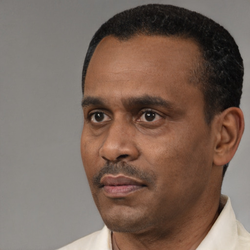 Neutral black adult male with short  black hair and brown eyes