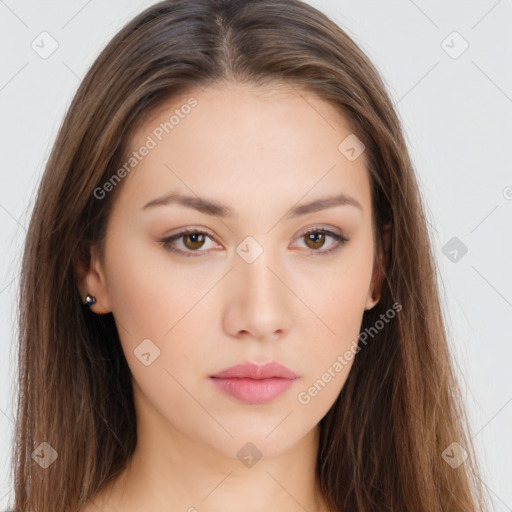 Neutral white young-adult female with long  brown hair and brown eyes