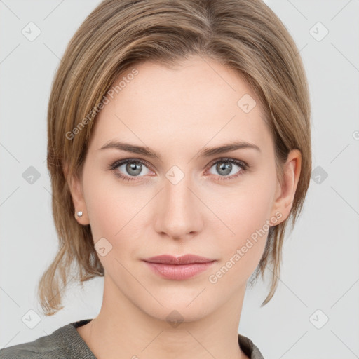 Neutral white young-adult female with medium  brown hair and grey eyes