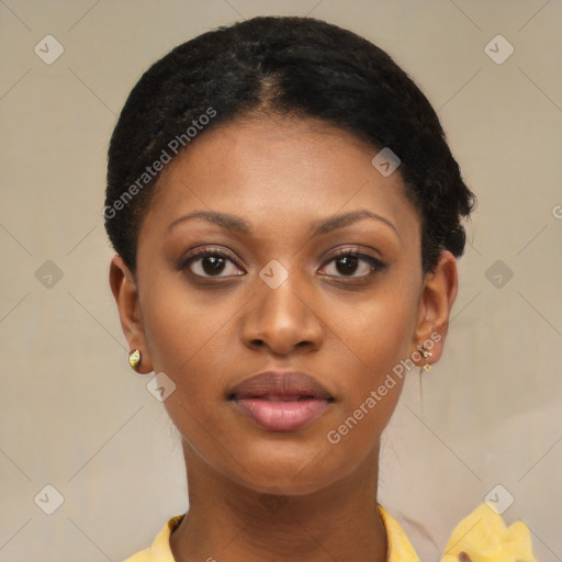 Neutral black young-adult female with short  black hair and brown eyes