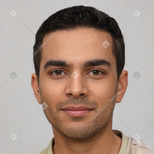 Neutral latino young-adult male with short  black hair and brown eyes
