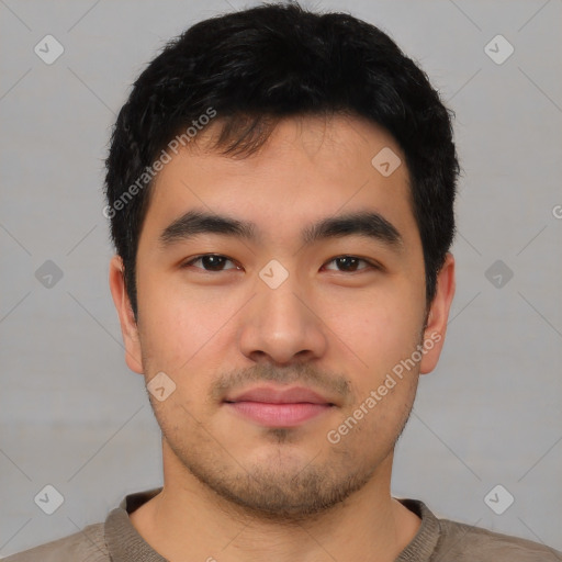 Neutral asian young-adult male with short  black hair and brown eyes