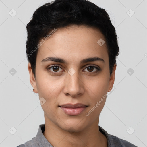 Joyful white young-adult female with short  black hair and brown eyes