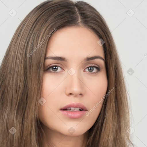 Neutral white young-adult female with long  brown hair and brown eyes