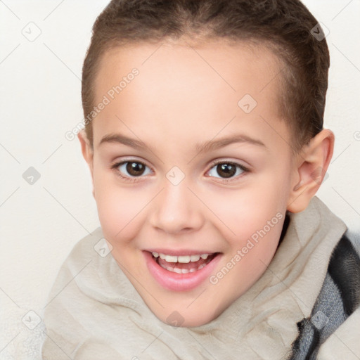 Joyful white child female with short  brown hair and brown eyes