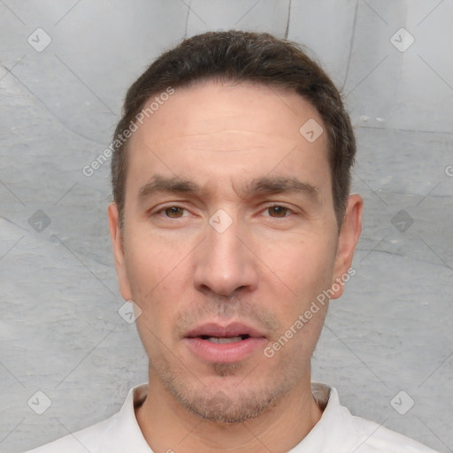 Neutral white adult male with short  brown hair and brown eyes