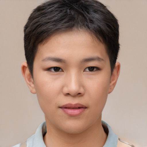 Neutral asian young-adult female with short  brown hair and brown eyes