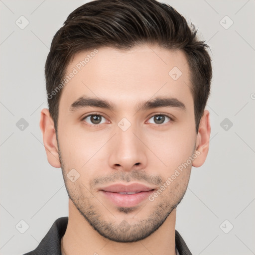 Neutral white young-adult male with short  brown hair and brown eyes