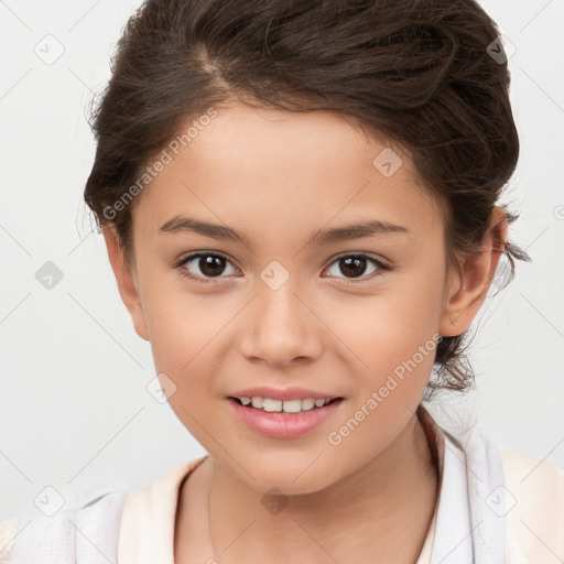 Joyful white child female with medium  brown hair and brown eyes