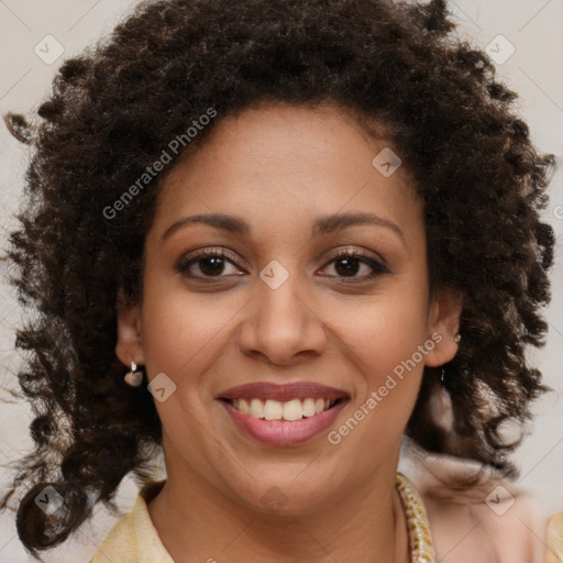 Joyful black young-adult female with medium  brown hair and brown eyes