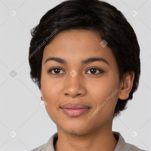 Joyful latino young-adult female with short  black hair and brown eyes