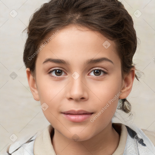 Joyful white child female with medium  brown hair and brown eyes