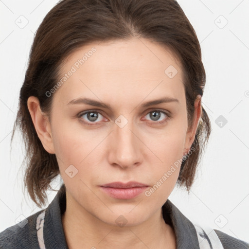 Neutral white young-adult female with medium  brown hair and grey eyes