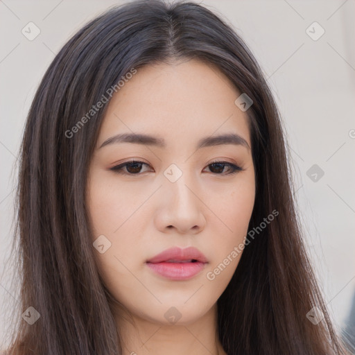 Neutral asian young-adult female with long  brown hair and brown eyes