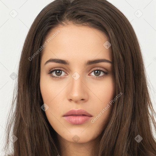 Neutral white young-adult female with long  brown hair and brown eyes