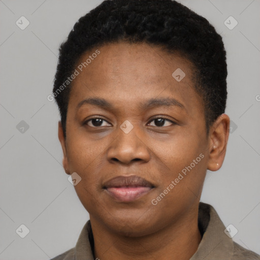 Neutral black young-adult female with short  black hair and brown eyes