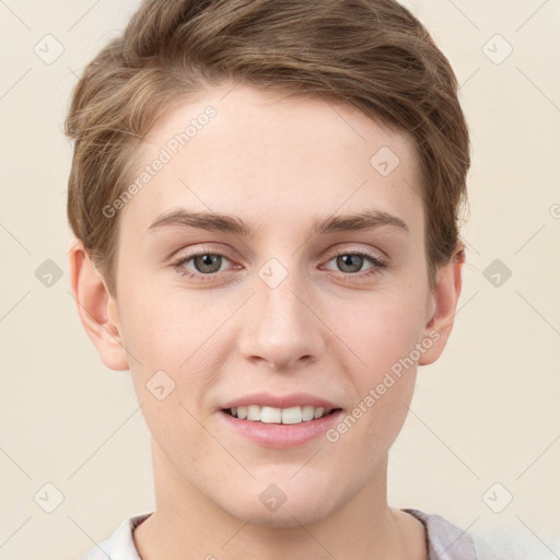 Joyful white young-adult female with short  brown hair and grey eyes