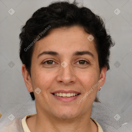 Joyful white adult female with short  brown hair and brown eyes