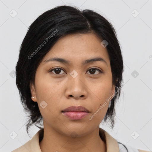 Neutral asian young-adult female with medium  black hair and brown eyes