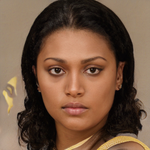 Neutral latino young-adult female with long  brown hair and brown eyes