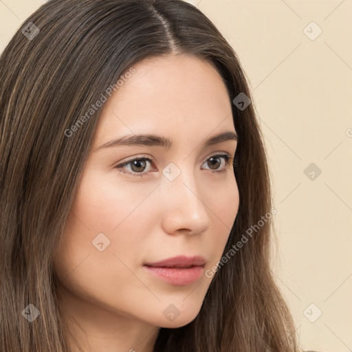 Neutral white young-adult female with long  brown hair and brown eyes