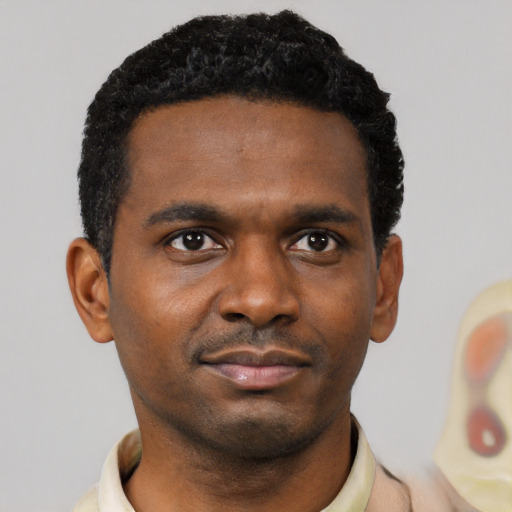Neutral black young-adult male with short  black hair and brown eyes