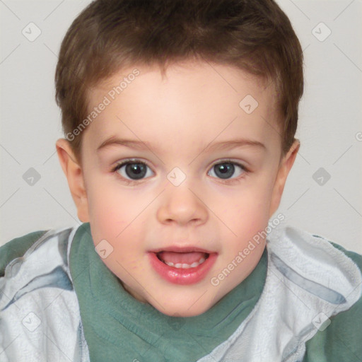 Joyful white child female with short  brown hair and brown eyes