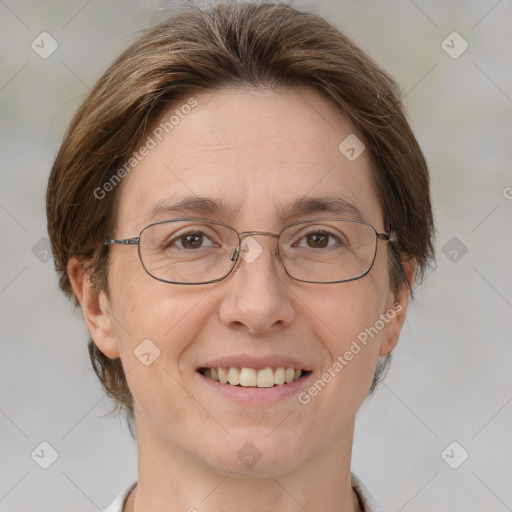 Joyful white adult female with medium  brown hair and grey eyes