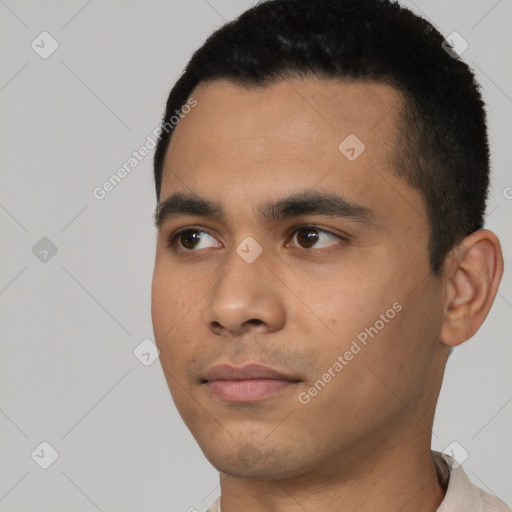 Neutral asian young-adult male with short  black hair and brown eyes