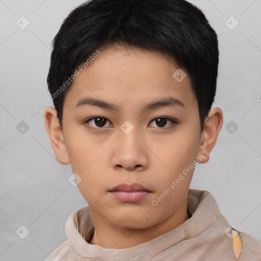 Neutral asian young-adult female with short  brown hair and brown eyes