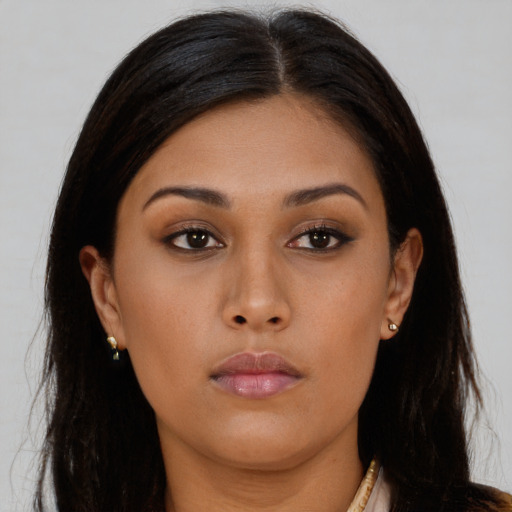Neutral asian young-adult female with long  brown hair and brown eyes