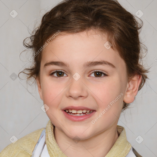 Joyful white child female with medium  brown hair and brown eyes